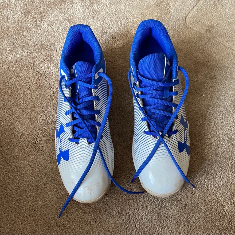 Blue and White Under Armour Cleats